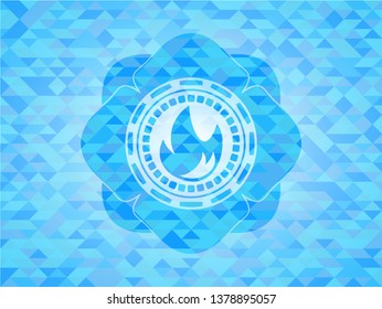 fire icon inside sky blue emblem with mosaic background