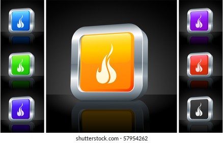 Fire Icon on 3D Button with Metallic Rim Original Illustration