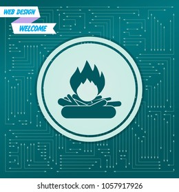 Fire Icon on a green background, with arrows in different directions. It appears on the electronic board. Vector illustration