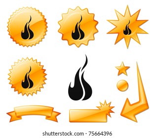 Icono de fuego en carteles de ráfagas de naranja y medallas Ilustración vectorial original
