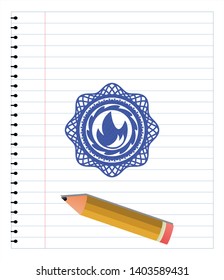 fire icon with pen strokes. Blue ink. Vector Illustration. Detailed.