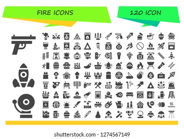  fire icon set. 120 filled fire icons. Simple modern icons about  - Gun, Alarm, Rocket launch, Magic, Accident, Candle, Tent, Matches, Candlestick, Firecracker, Lighter, Rifle