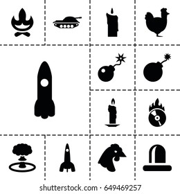 Fire icon. set of 13 filled fireicons such as chicken, explosion, siren, bomb, cd fire, candle, rocket, tank