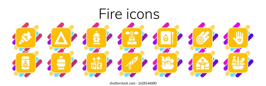 fire icon set. 14 filled fire icons. Included Torch, Candle, Fire, Gas, Hydrant, Magic, Chimney, Firecracker, Match, Asteroid, Tent, Insurance, Picnic icons