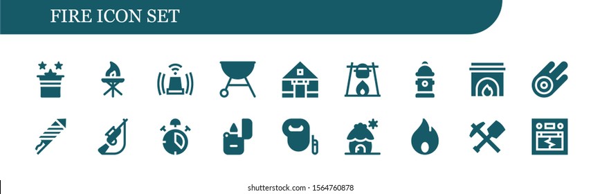 fire icon set. 18 filled fire icons.  Simple modern icons about  - Magic, Torch, Siren, Grill, Tent, Bonfire, Hydrant, Fireplace, Asteroid, Fireworks, Hunting, Alarm, Lighter
