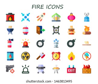 fire icon set. 30 flat fire icons.  Simple modern icons about  - fireplace, meeting point, rocket, cabin, lantern, camping gas, grill, gas, exit, weapon, firewood, extinguisher