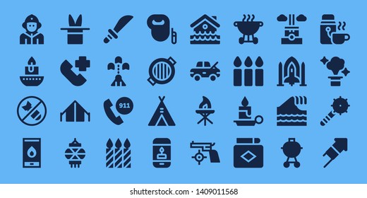 fire icon set. 32 filled fire icons. on blue background style Simple modern icons about  - Firefighter, Candle, Bomb, Fire, Magic, Emergency call, Tent, Lantern, Weapons, Spaceship