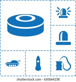 Fire icon. set of 6 fire filled icons such as siren, smoke bomb, smoking can, tank