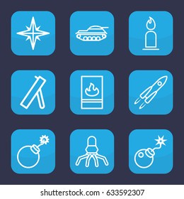 Fire icon. set of 9 outline fire icons such as candle, explosion, bomb, fire protection, cannon, tank