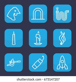 Fire icon. set of 9 outline icons such as siren, chicken, rocket, water hose, firework, candle, smoke