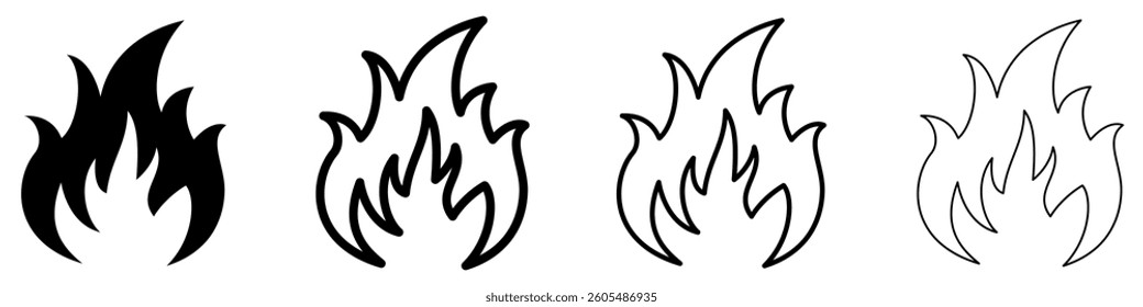 Fire icon. Set of black flame icons. Linear symbols of bonfire. Editable stroke. Vector illustration.