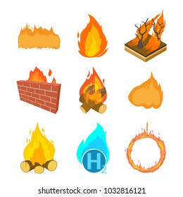 Fire icon set. Cartoon set of fire vector icons for web design isolated on white background