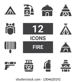 fire icon set. Collection of 12 filled fire icons included Grill, Extinguisher, Gas, Gun, Tent, Troglodyte