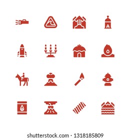 fire icon set. Collection of 16 filled fire icons included Flood, Marshmallow, Volcano, Matches, Hydrant, Match, Horseback, Fire, Tent, Candelabra, Rocket, Lantern, Avalanche