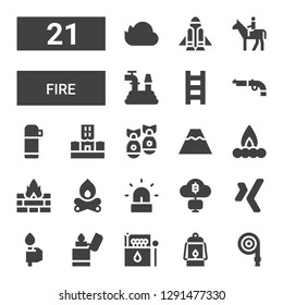 fire icon set. Collection of 21 filled fire icons included Hose, Lantern, Matches, Lighter, Torch, Xing, Mining, Siren, Bonfire, Fire, Campfire, Volcano, Missile, Flood, Thermo