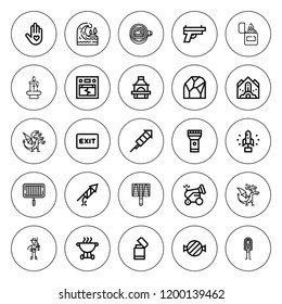 Fire icon set. collection of 25 outline fire icons with bbq grill, barbecue grill, bbq, candle, cannon, cave, cowboy, dragon, exit, earthquake icons. editable icons.