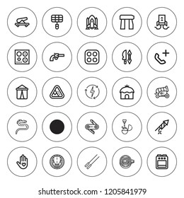 Fire icon set. collection of 25 outline fire icons with barbecue, boiled, bonfire, burner, cannon, dragon, electricity, emergency call, dolmen, grill icons. editable icons.