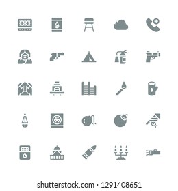 fire icon set. Collection of 25 filled fire icons included Lantern, Candelabra, Bullet, Government, Matches, Firework, Bomb, Radioactivity, Log, Match, Ladder, Barbecue, Avalanche