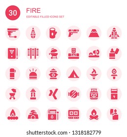 fire icon set. Collection of 30 filled fire icons included Gun, Lantern, Log, Volcano, Billiard, Grill, Flood, Ambulance lights, Thermo, Hooter, Hydrant, Tent, Torch, Barbecue