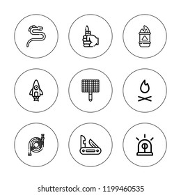 Fire icon set. collection of 9 outline fire icons with bbq grill, bonfire, dragon, fire, hose, lighter, jackknife, rocket icons. editable icons.