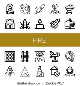 fire icon set. Collection of Troglodyte, Fire station, Global warming, Rocket, Candle, Drought, Bbq, Fire, Stove, Spaceship, Ladder, Tent, Sprinkler, Oil, House on icons