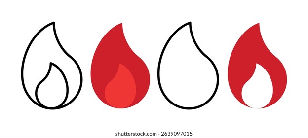 Fire icon set. Colored vector illustration.