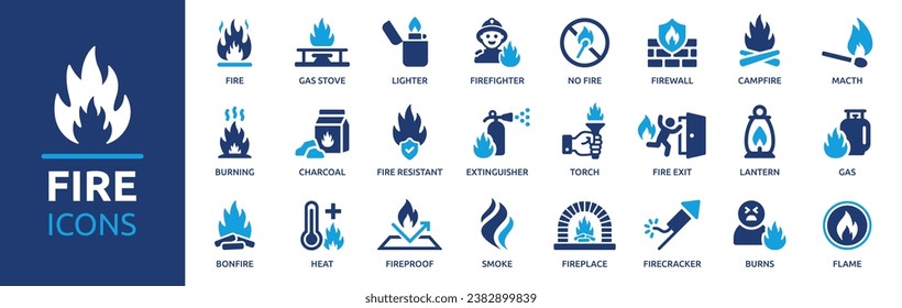 Fire icon set. Containing burning, flame, campfire, gas stove, lighter, match, smoke, firefighter and more. Vector solid icons collection.
