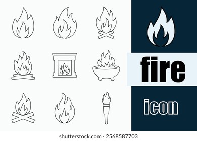 Fire icon set. Containing burning, campfire, gas stove, lighter, match, smoke, firefighter and more. Vector solid icons collection.