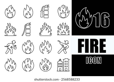 Fire icon set. Containing burning, campfire, gas stove, lighter, match, smoke, firefighter and more. Vector icons collection.