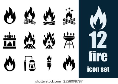 Fire icon set. Containing flame, campfire, gas stove, lighter, match, smoke, firefighter and more. solid icons collection.