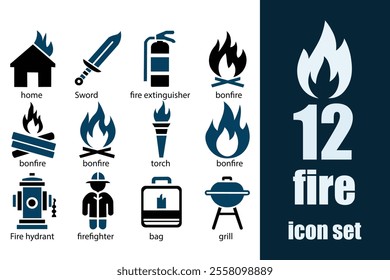 Fire icon set. Containing flame, campfire, gas stove, lighter, match, smoke, firefighter and more. solid icons collection.