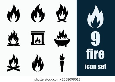 Fire icon set. Containing flame, campfire, gas stove, lighter, match, smoke, firefighter and more. solid icons collection.