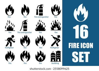 Fire icon set. Containing flame, campfire, gas stove, lighter, match, smoke, firefighter and more. solid icons collection.