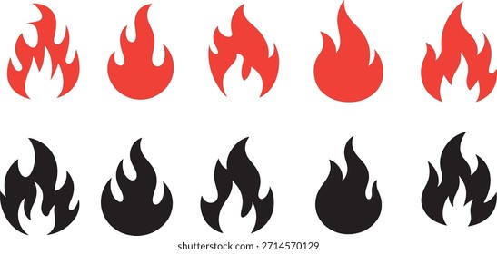 Conjunto de iconos de fuego con símbolos de llama y hoguera en estilo plano
