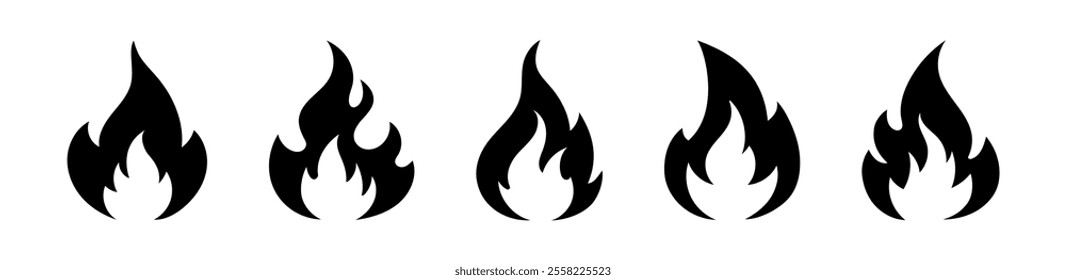 Fire icon set. Flame symbol collection. Hot, burning, campfire clip art illustration.