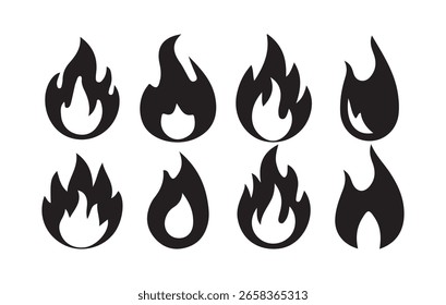Conjunto de iconos de fuego. Símbolo de llama de fuego. Logotipo de la silueta de la hoguera. concepto de icono de fuego de llama. Victor ilustración eps10