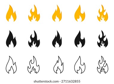 Conjunto de iconos de fuego. Iconos planos, glifos y líneas de fuego. Elementos en llamas calientes. Pictograma de fogata. colección de Elementos de diseño.