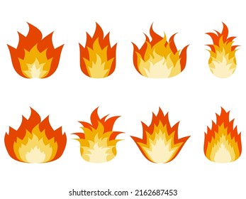 Fire icon set in flat style isolated on white background. Collection of fire icons of different shapes. Design for banners, posters and promotional products. Vector illustration