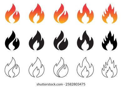 Fire icon set gradient, black, and outline vector collection, flame symbols, bonfire silhouettes, fire icons for design, logotypes, branding and graphic design resources, flat style stock vector