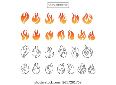 Fire icon set gradient, black, and outline vector collection, flame symbols, bonfire silhouettes, fire icons for design, logotypes, branding and graphic design 
