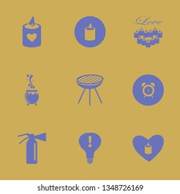 fire icon set with grill, caldron and candles heart vector illustration