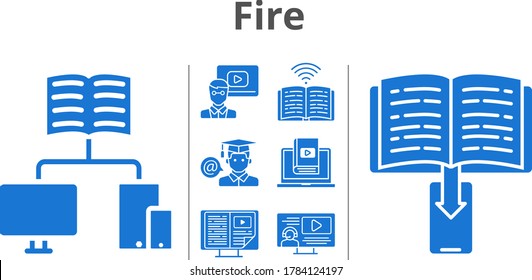 conjunto de iconos de fuego. incluían profesor, libro electrónico, instructor, escuela, estudiante, aprendizaje, íconos de libro. estilos rellenos.