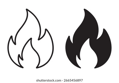 Fire icon set on square page, flat icon on top and outline icon below, black and white, vector