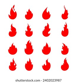 Fire icon set, red color. Symbol or emblem fire silhouette. Vector illustration