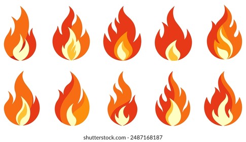 Fire icon. Set of ten vibrant fire flame icons. Perfect for various design needs and conveying energy and warmth.