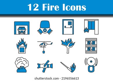 Fire Icon Set. Thin Line With Blue Fill Design. Vector Illustration.