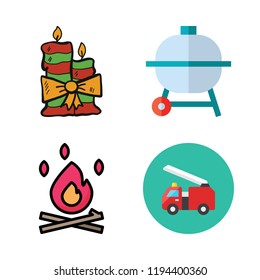 fire icon set. vector set about candle, barbecue, bonfire and fire truck icons set.