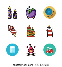 fire icon set. vector set about alarm bell, bonfire, fire truck and firework icons set.