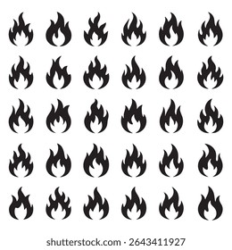 Fire Icon Set Vector – Black Flame Silhouettes Collection for Warning or Design