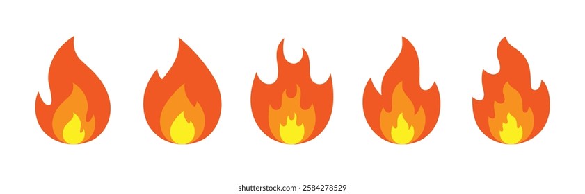 Fire icon set vector illustration on white background. Fire icon vector set. Fire flame symbol. Flame icon collection. Set of fire icons. Flame design of different shapes. Bonfire